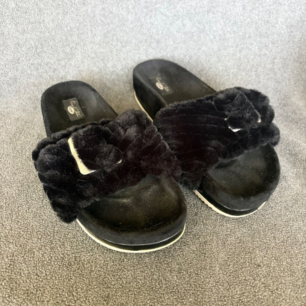 Dr. Scholl's OG Slide Sandals Women 7 Black Faux Fur Buckle Platform Comfort